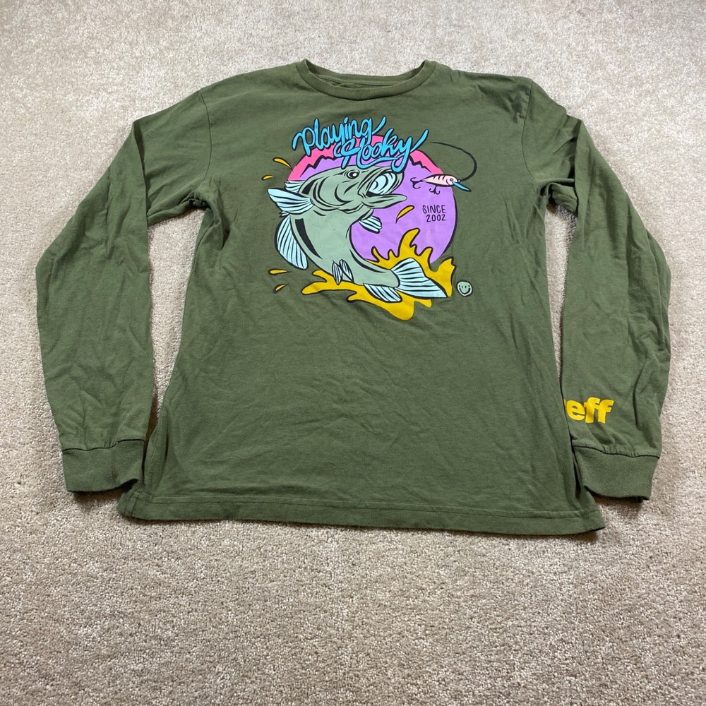 Neff Graphic Tee Mens Medium Olive Green Playing Hooky Bass Fishing Long Sleeve